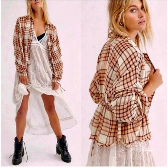 Free People Tops - We the Free People Pacific Dawn Plaid Top Size M Boho Snap Front Raw Hem